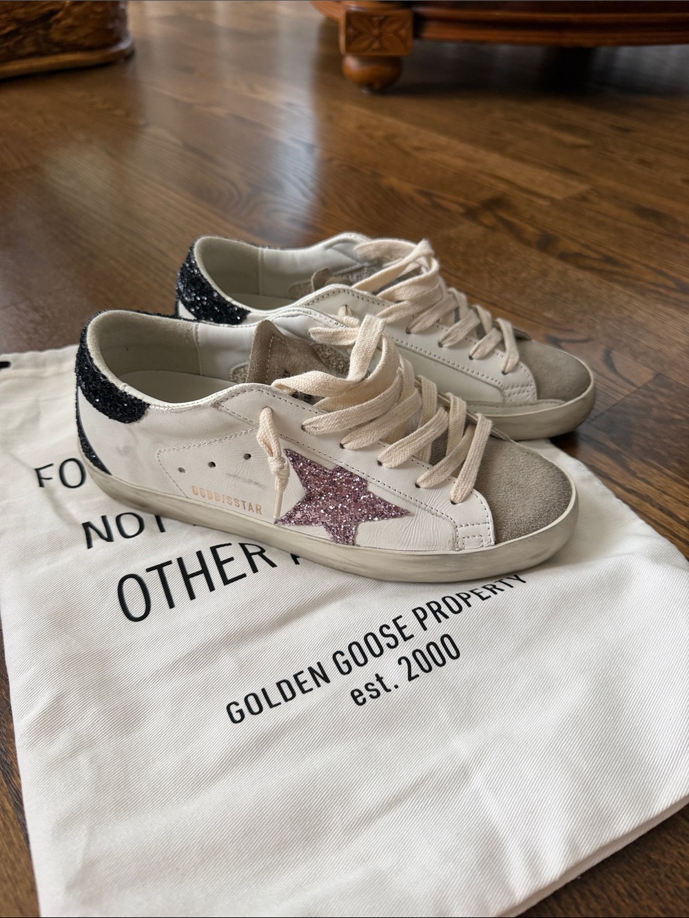 Golden Goose White Sneakers with Pink Glitter Star and Black Heel